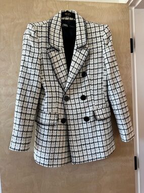 Zara Black & White Double-Breasted Tweed Blazer - Sz Medium